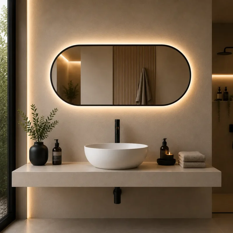 Luna Espelho LED Oval Touch com Desembaciador Perfil Preto Mate